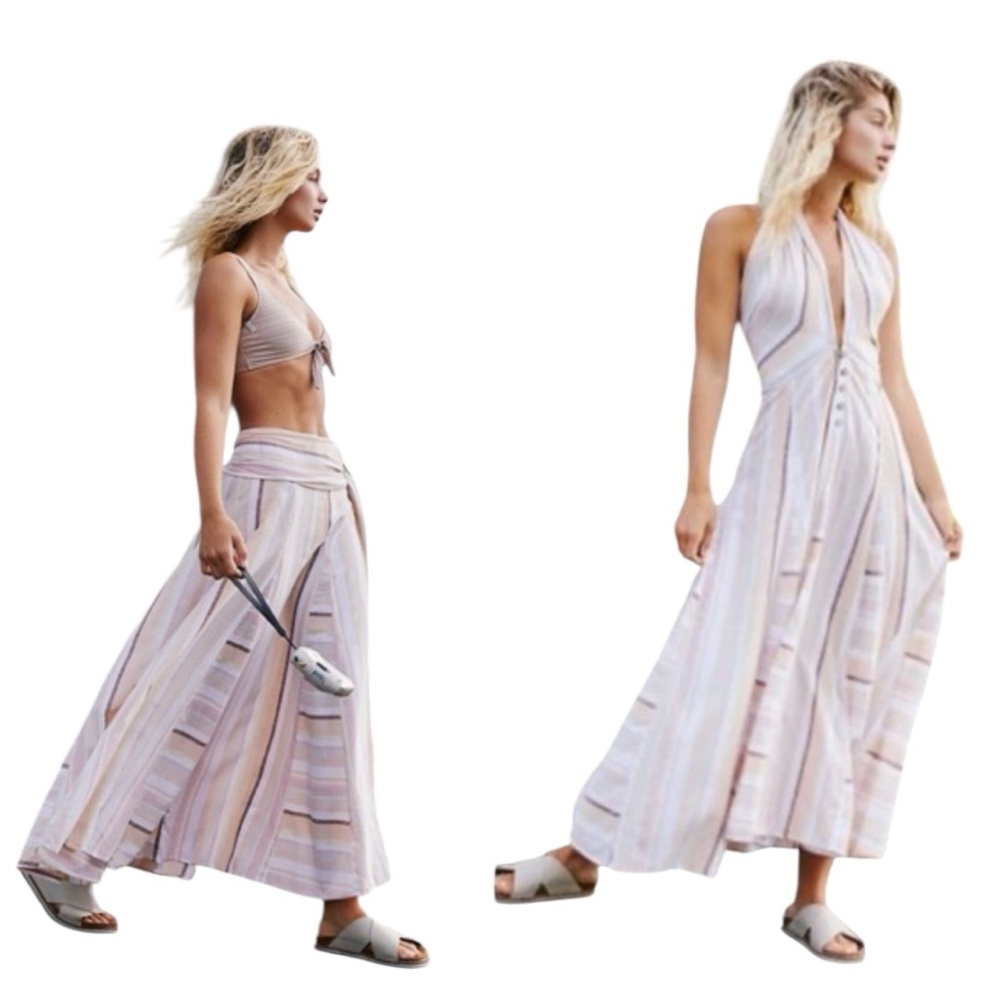 Free People Boho Striped Wrap Skirt Tie Waist Pastel Neutral. Approx S/M